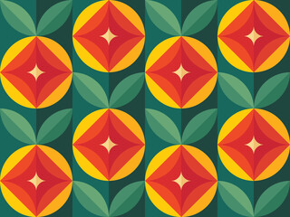 Fruits and leaves nature background. Mid-century modern art vector. Abstract geometric seamless pattern. Decorative ornament in retro vintage design flat style. Floral backdrop.
