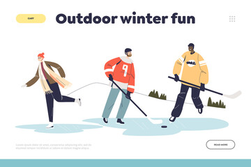 Obraz premium Outdoor winter fun landing page concept with people playing hockey and skating