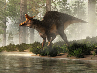 Fototapeta premium Lambeosaurus is an extinct dinosaur that lived in Cretaceous era North America.&nbsp; A type of hadrosaur, it was an herbivore and is best known for its hatchet shaped crest. 3D rendering.