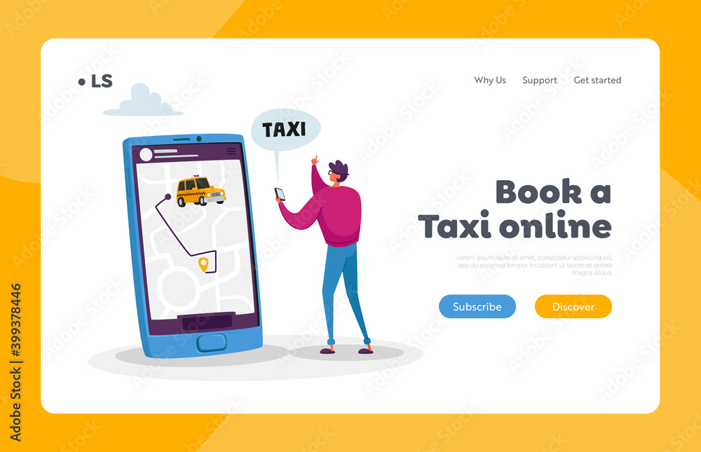 Aufkleber man using application for ordering taxi landing page template. tiny male customer character order ta
