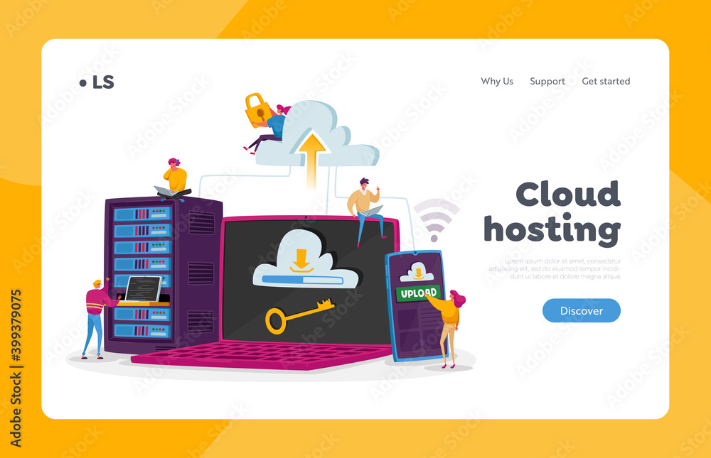 Aufkleber web hosting landing page template. tiny characters at laptop, phone and server equipment. web progra