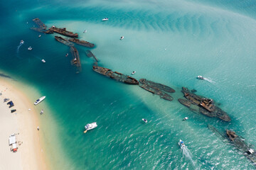 Aerial view of Tangalooma ship wrecks