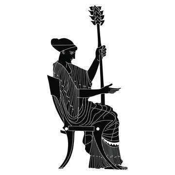 Ancient Greek woman sitting on chair and holding thyrsus. Black and white silhouette.