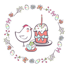 Greeting card with easter cake, chicken and plate of eggs in a circle of floral and easter elements