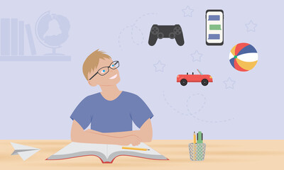 Boy with ADHD distracted . Homeschooling kid distracted.