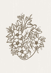 Floral heart anatomical human heart print nursing school flower heart poster