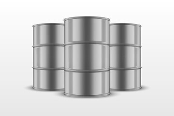 Vector 3d Realistic Illustration. Gray Steel Simple Three Glossy Metal Oil, Fuel, Gasoline Enamel Barrel Set Closeup Isolated on White Background. Design Template of Packaging for Mockup. Front View
