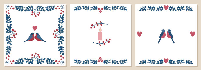 Set of cards for Valentine's Day. Bullfinches, bunches of mountain ash, snowflakes, candle, hearts.