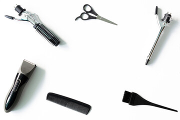 Christmas hairdresser composition frame with combs, brush, scissors, tools and accessories on white background. Stylish concept. Flat lay, top view mock up design with copy space