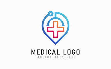 Medical Clinic Location Logo Design. Abstract Location Combination with Medical Stethoscope logo Design. Usable For Business, Community, Foundation, Medical, Tech, Services Company. 