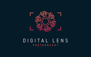 Digital Lens Photography Logo Design. Abstract Lens with Digital Pixel Concept Symbol Design. Usable For Business, Community, Industrial, Photography, Tech, Services Company. 