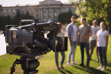 Professional video camera outdoors and group of people on background