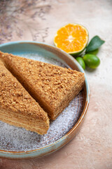 front view yummy honey cake on light background sweet biscuit cake sugar