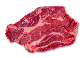 Fresh meat, raw marbled beef steak on a white background, top view.
