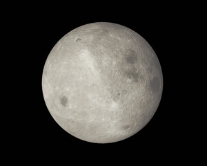 The reverse side of the moon. Full moon on dark night sky background, with craters and surface details visible, map provided by nasa. 3d illustration
