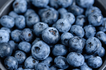 Freshly picked blueberries in coconut bowl on dark background. Healthy organic seasonal fruit background. Berries closeup macro