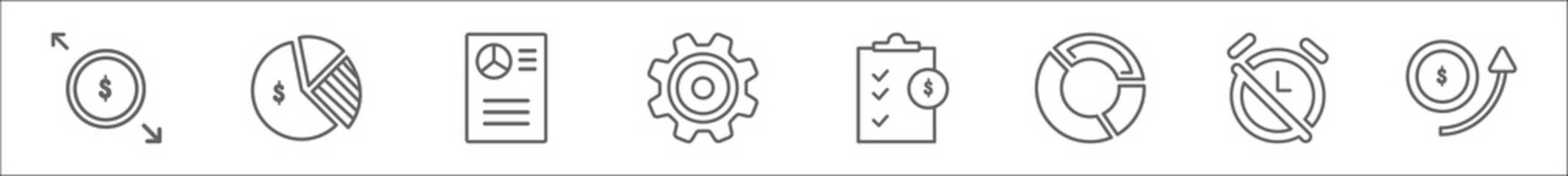 outline set of business and finance line icons. linear vector icons such as spending, data analytics circular graphic, infographics, cogwheel machine part, investigate, data circular chart, time