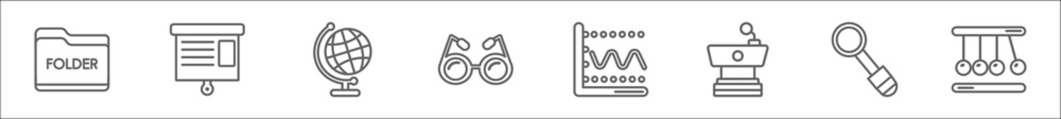 outline set of education line icons. linear vector icons such as black folder, flip chart, classroom globe, studying glasses, sinusoid, classroom tribune, magnification lens, newton cradle