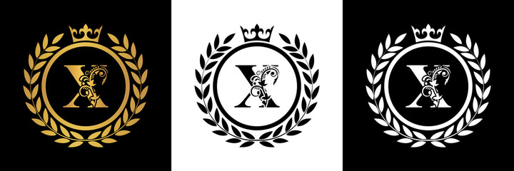 Obraz premium Letter X laurel wreath template logo Luxury gold letter with crown. Monogram alphabet . Beautiful royal initials letter. 