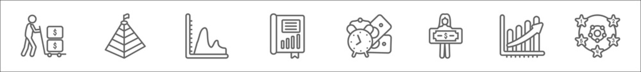 outline set of business line icons. linear vector icons such as man carrying money, stats pyramid, smooth line chart, story, dollar on business time, woman with dollar bill, finances stats bars