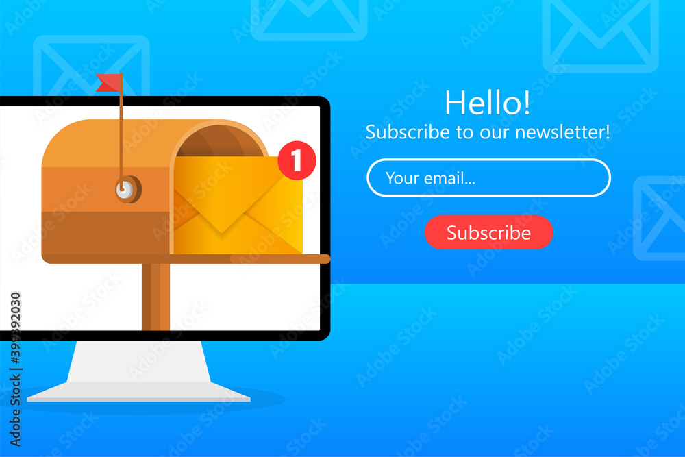 Poster mailbox with a letter inside in a flat style on a yellow background. subscribe to our newsletter. ve