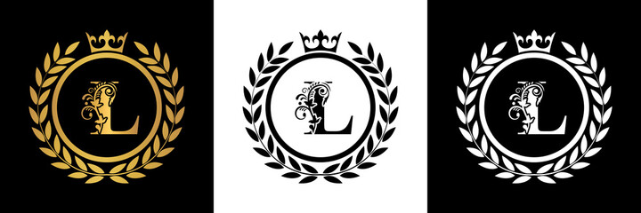  Letter L  laurel wreath template logo Luxury gold letter with crown. Monogram alphabet . Beautiful royal initials letter.	