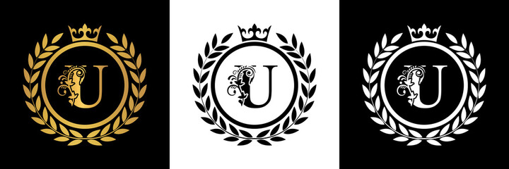  Letter U laurel wreath template logo Luxury gold letter with crown. Monogram alphabet . Beautiful royal initials letter.	