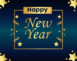 happy new year lettering golden card with gold stars in square frame