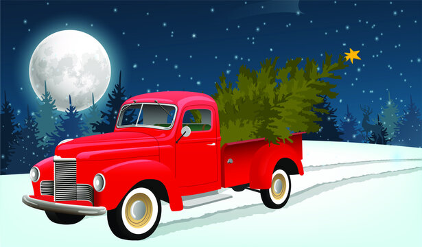 Red Old Pickup Truck With A Christmas Tree In The Back, In A Snowy Forest. Vector Image. Night Forest, Christmas Trees, Full Moon