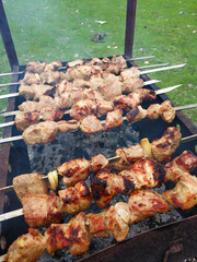 Smoky barbecue on the grill outside. The meaty taste of spring