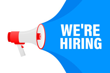 We are hiring megaphone blue banner in 3D style on white background. Vector illustration.