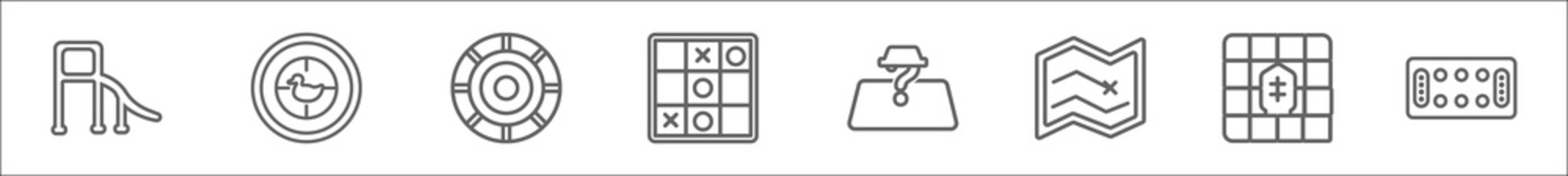 outline set of entertainment line icons. linear vector icons such as toboggan, duck shooting, game chips, logic board games, board games with roles, board game map, shogi, mancala
