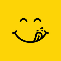 Yummy face smiley icon delicious with tongue lick mouth. tasty emoji with saliva drops. smile vector cartoon.Delicious food face emoticons on a yellow background