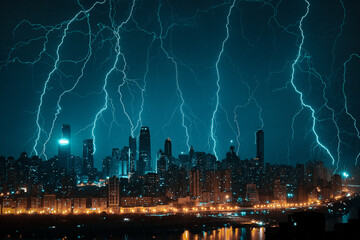 The lightning in the mountain city of chongqing at night
