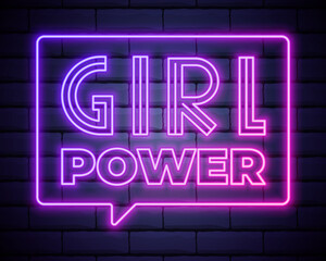 Girl Power. Vector badge, icon with neon effect illustration on dark brick wall background.