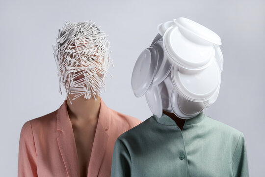 people in green and pink jackets having faces covered with earplugs and plastic plates