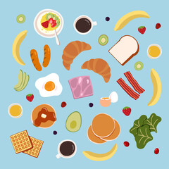 Vector illustration of breakfast concepts with fresh food and drinks. Included fried egg, boiled egg, croissant, bacon, pancake, avocado, banana, waffle, sausage, kiwi, strawberry and orange juice.