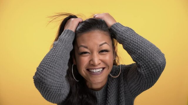 Gorgeous women becoming frustrated and pulling hair then silly