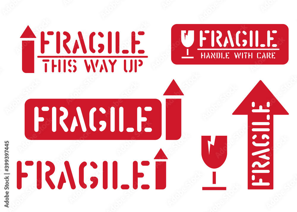 Wall mural fragile, this way up, handle with care box sign. set of rubber stamps or stickers for cargo and logi