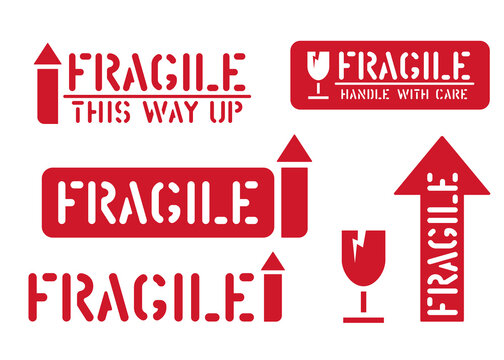 Fragile, this way up, handle with care box sign. Set of rubber stamps or stickers for cargo and logistics. Vector illustration with arrow and glass.