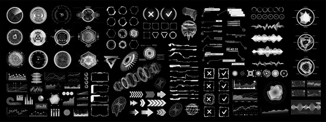 Poster Futuristische digitale collectie HUD voor UI-, UX- en GUI-projecten. Hi-tech ontwerpelementen, grafieken, cirkel, callouts-titels, gadgets, audiogolven, afbeeldingen en andere. HUD UI, Vr-vectorelementen. © SergeyBitos