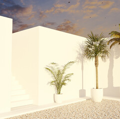 3d rendering outdoor scene with white wall exterior and palm against blue sky