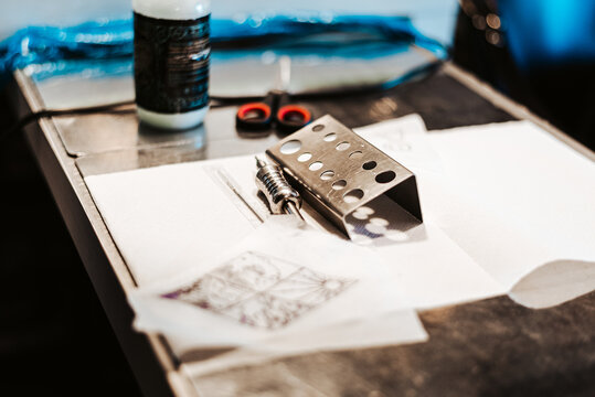 Tattoo items on metal table