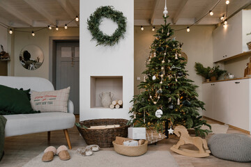 Stylish Christmas decorations in spacious loft