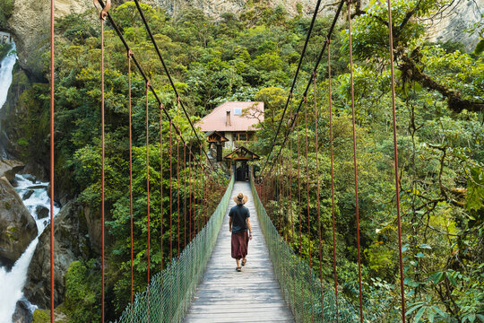 Walking in the middle of a wooden bridge