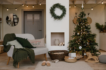 Interior of cozy loft during Christmas celebration