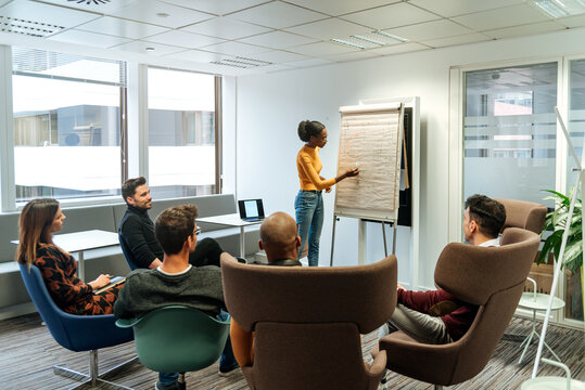 Group of business partners listening to presentation with flip chart at office