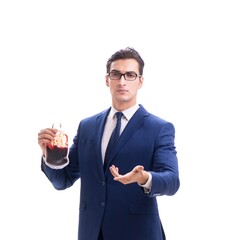 Businessman with blood bag isolated on white