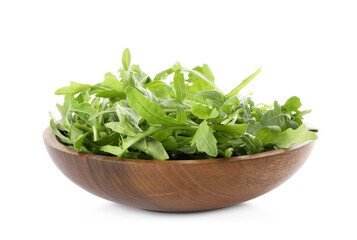 Delicious fresh arugula in wooden bowl isolated on white