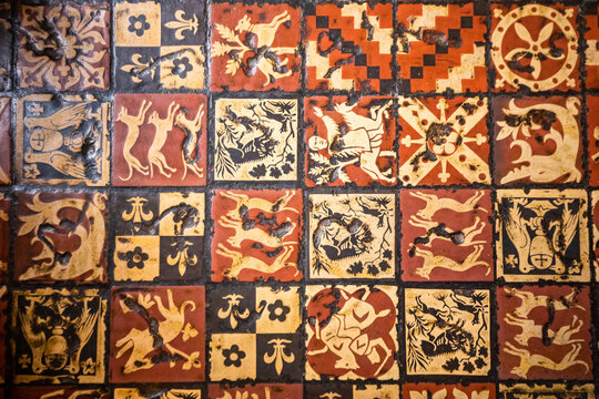 Gloucester, MA / USA - 11/15/2020: floor mosaic decoration castle interior